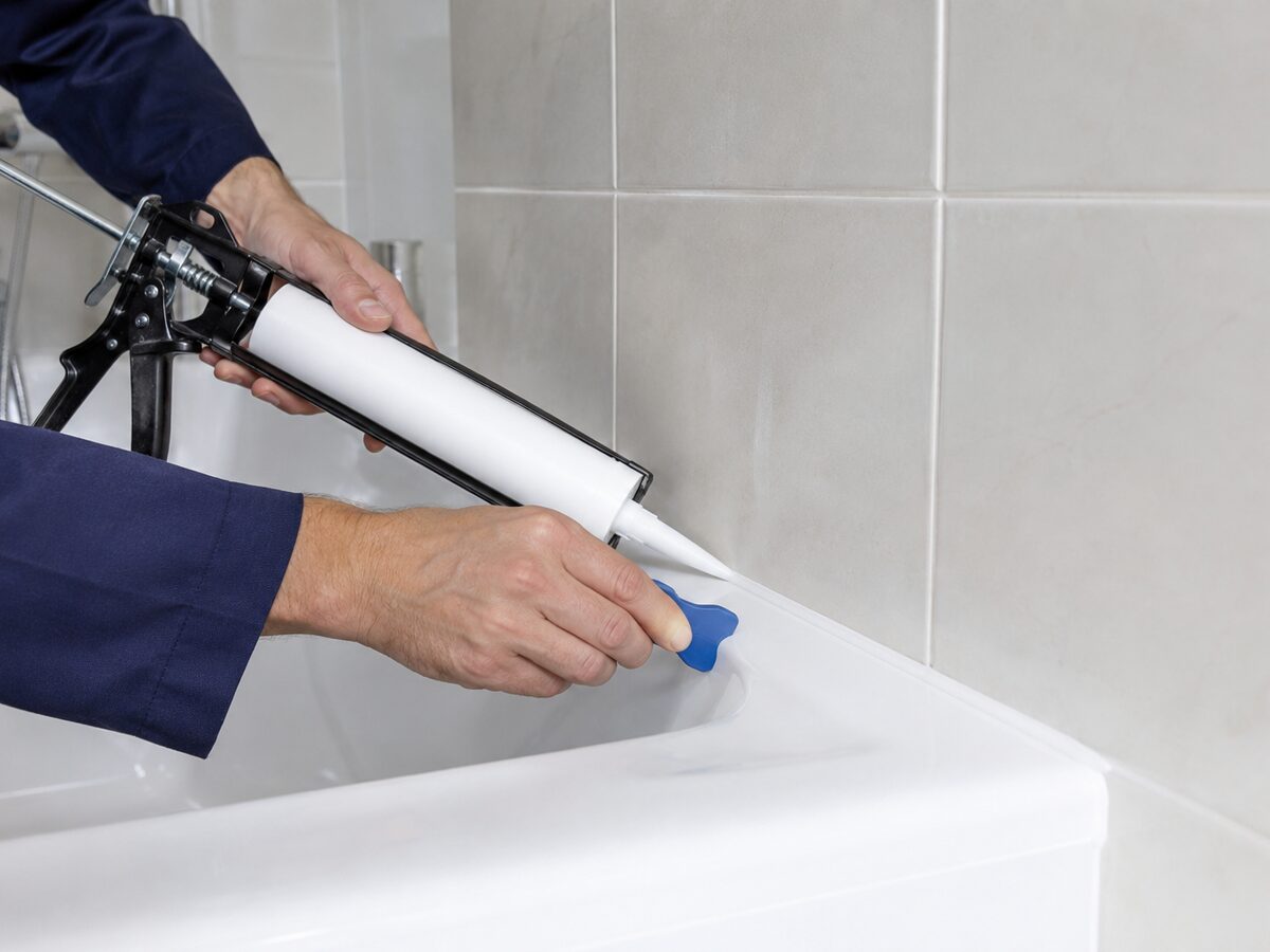 Close-up of a neat silicone seal being applied around a bath