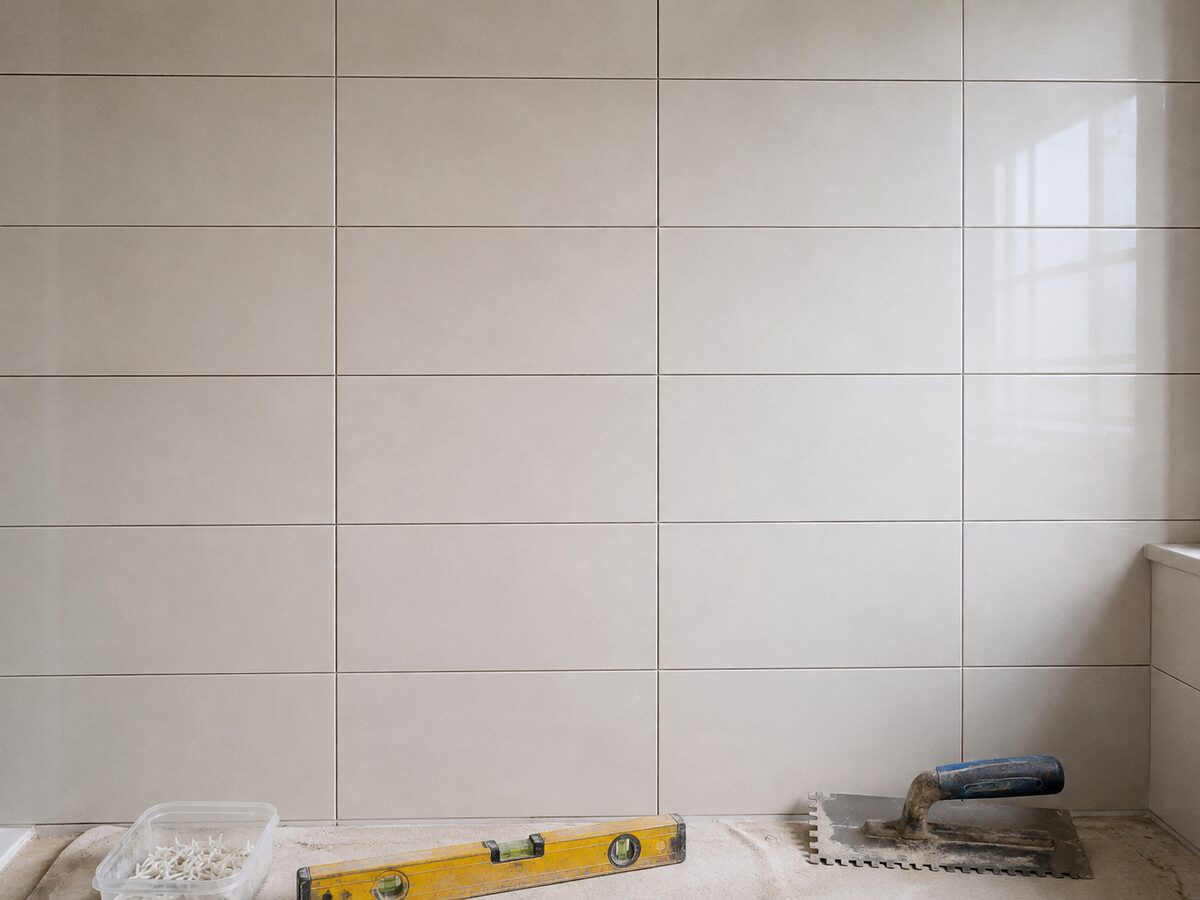 Straight, aligned ceramic wall tiles with even grout joints in a bathroom