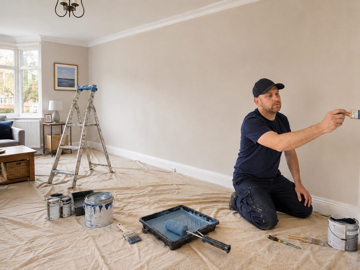 Professional decorator carefully painting a room
