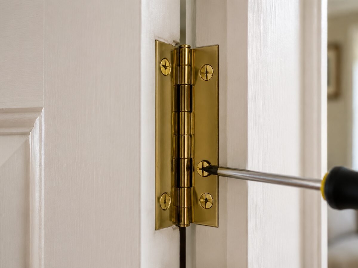 Close-up of an internal door hinge being adjusted