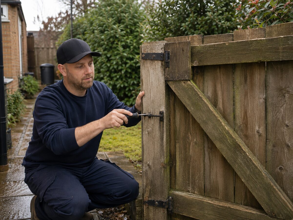 Property maintenance professional repairing a timber garden gate