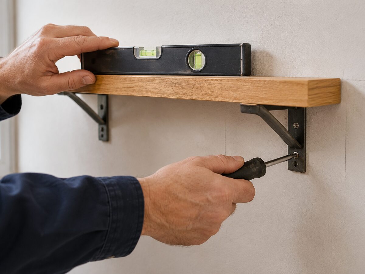Close-up of a timber shelf being fitted level to a wall
