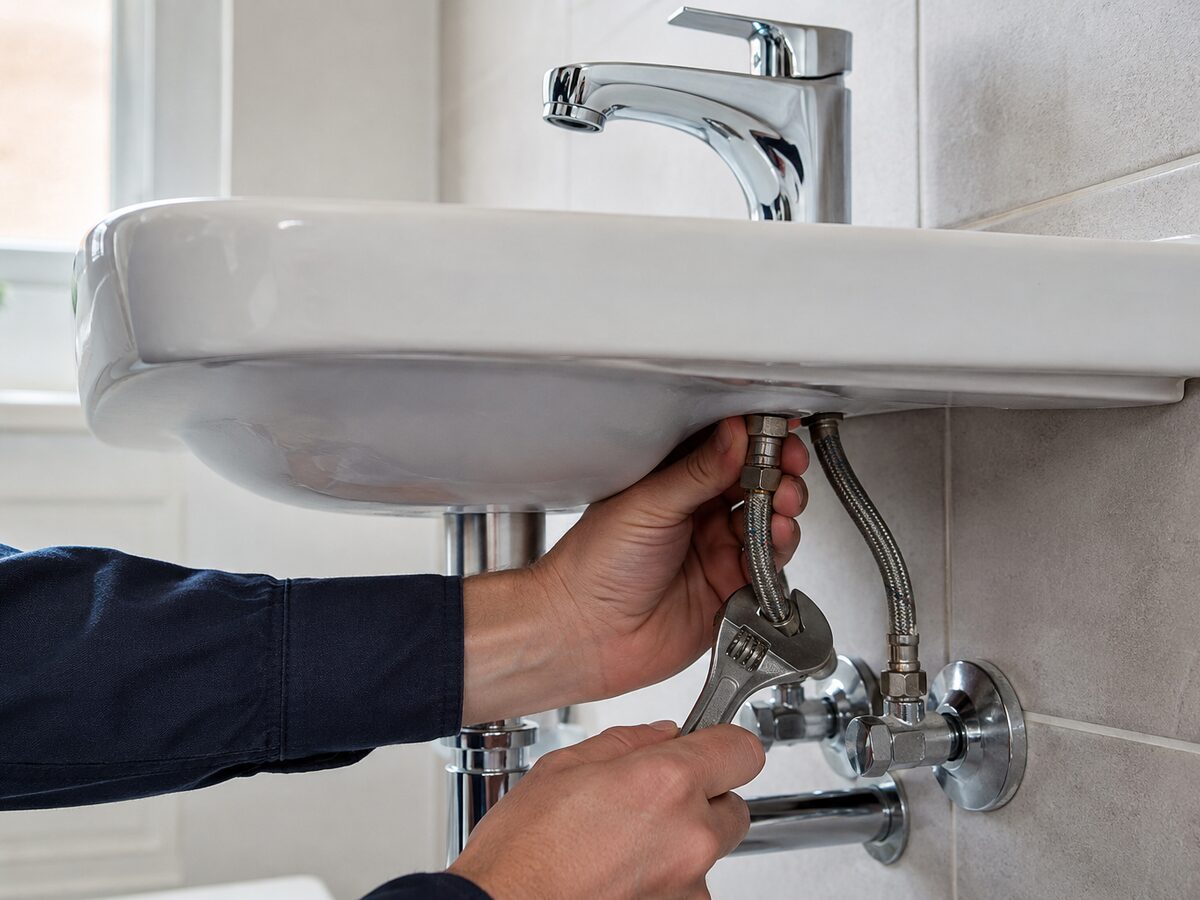 Close-up of a basin tap and plumbing connections being fitted
